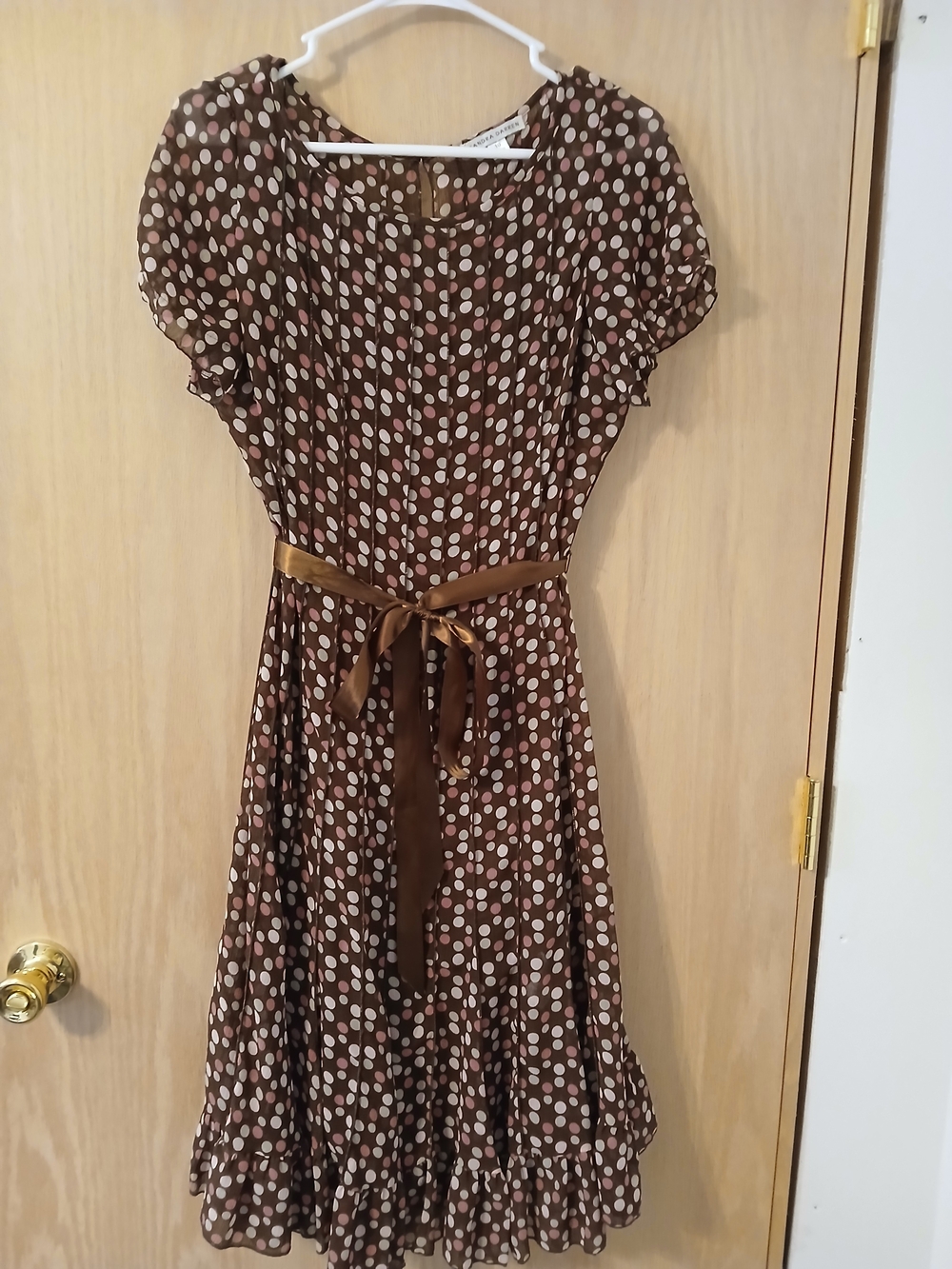 Sandra Darren Brown Polka Dot Midi Dress with Pink and Cream Dots